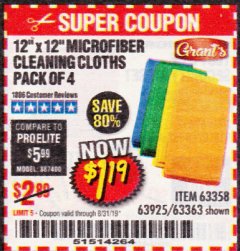 Harbor Freight Coupon MICROFIBER CLEANING CLOTHS PACK OF 4 Lot No. 57162/63358/63925/63363 Expired: 8/31/19 - $1.19