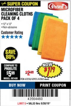 Harbor Freight Coupon MICROFIBER CLEANING CLOTHS PACK OF 4 Lot No. 57162/63358/63925/63363 Expired: 9/30/19 - $1.19