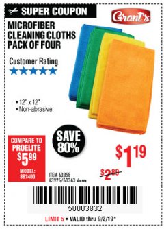 Harbor Freight Coupon MICROFIBER CLEANING CLOTHS PACK OF 4 Lot No. 57162/63358/63925/63363 Expired: 9/2/19 - $1.19