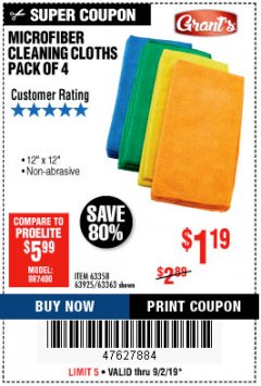 Harbor Freight Coupon MICROFIBER CLEANING CLOTHS PACK OF 4 Lot No. 57162/63358/63925/63363 Expired: 9/2/19 - $1.19
