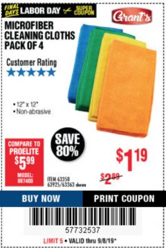 Harbor Freight Coupon MICROFIBER CLEANING CLOTHS PACK OF 4 Lot No. 57162/63358/63925/63363 Expired: 9/8/19 - $1.19