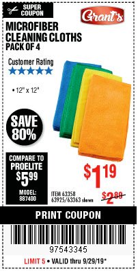 Harbor Freight Coupon MICROFIBER CLEANING CLOTHS PACK OF 4 Lot No. 57162/63358/63925/63363 Expired: 9/29/19 - $1.19