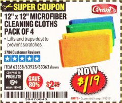 Harbor Freight Coupon MICROFIBER CLEANING CLOTHS PACK OF 4 Lot No. 57162/63358/63925/63363 Expired: 11/30/19 - $1.19