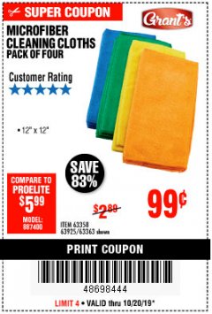 Harbor Freight Coupon MICROFIBER CLEANING CLOTHS PACK OF 4 Lot No. 57162/63358/63925/63363 Expired: 10/20/19 - $0.99