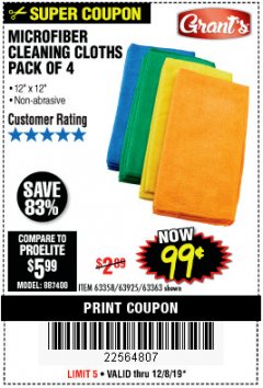 Harbor Freight Coupon MICROFIBER CLEANING CLOTHS PACK OF 4 Lot No. 57162/63358/63925/63363 Expired: 12/8/19 - $0.99