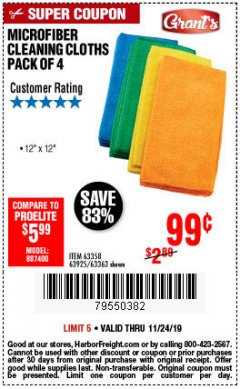 Harbor Freight Coupon MICROFIBER CLEANING CLOTHS PACK OF 4 Lot No. 57162/63358/63925/63363 Expired: 11/24/19 - $0.99