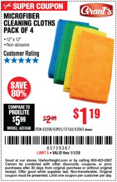 Harbor Freight Coupon MICROFIBER CLEANING CLOTHS PACK OF 4 Lot No. 57162/63358/63925/63363 Expired: 1/1/20 - $1.19