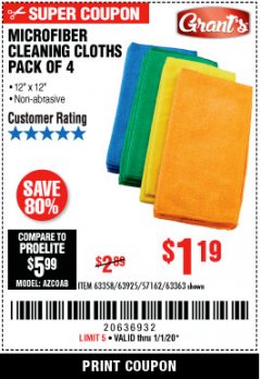 Harbor Freight Coupon MICROFIBER CLEANING CLOTHS PACK OF 4 Lot No. 57162/63358/63925/63363 Expired: 1/1/20 - $1.19