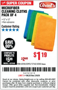 Harbor Freight Coupon MICROFIBER CLEANING CLOTHS PACK OF 4 Lot No. 57162/63358/63925/63363 Expired: 2/9/20 - $1.19