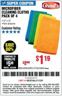 Harbor Freight Coupon MICROFIBER CLEANING CLOTHS PACK OF 4 Lot No. 57162/63358/63925/63363 Expired: 2/17/20 - $1.19