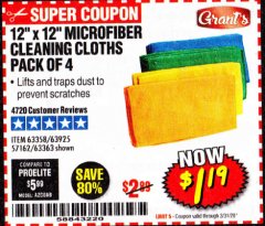 Harbor Freight Coupon MICROFIBER CLEANING CLOTHS PACK OF 4 Lot No. 57162/63358/63925/63363 Expired: 3/31/20 - $1.19