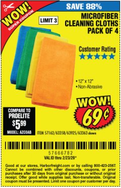 Harbor Freight Coupon MICROFIBER CLEANING CLOTHS PACK OF 4 Lot No. 57162/63358/63925/63363 Expired: 2/23/20 - $0.69
