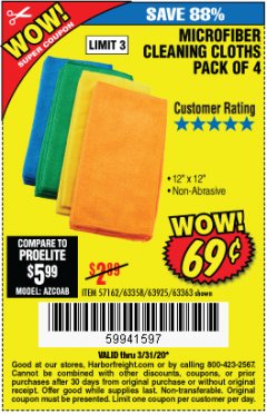 Harbor Freight Coupon MICROFIBER CLEANING CLOTHS PACK OF 4 Lot No. 57162/63358/63925/63363 Expired: 3/31/20 - $0.69