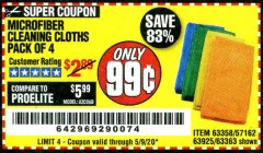 Harbor Freight Coupon MICROFIBER CLEANING CLOTHS PACK OF 4 Lot No. 57162/63358/63925/63363 Expired: 6/30/20 - $0.99