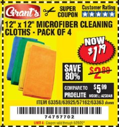 Harbor Freight Coupon MICROFIBER CLEANING CLOTHS PACK OF 4 Lot No. 57162/63358/63925/63363 Expired: 6/28/20 - $1.19