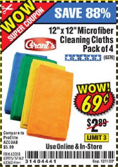 Harbor Freight Coupon MICROFIBER CLEANING CLOTHS PACK OF 4 Lot No. 57162/63358/63925/63363 Expired: 12/11/20 - $0.69