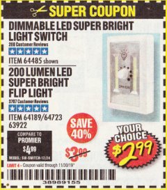 Harbor Freight Coupon DIMMABLE LED SUPER BRIGHT LIGHT SWITCH Lot No. 64485 Expired: 11/30/19 - $2.99