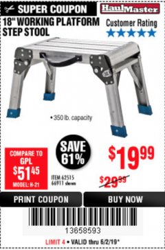 Harbor Freight Coupon 18" WORKING PLATFORM STEP STOOL Lot No. 62515/66911 Expired: 6/2/19 - $19.99