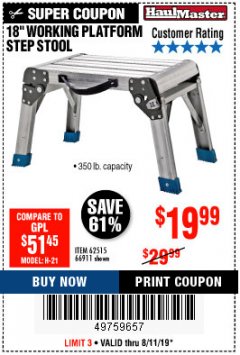 Harbor Freight Coupon 18" WORKING PLATFORM STEP STOOL Lot No. 62515/66911 Expired: 8/11/19 - $19.99