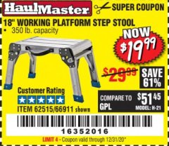 Harbor Freight Coupon 18" WORKING PLATFORM STEP STOOL Lot No. 62515/66911 Expired: 12/31/20 - $19.99