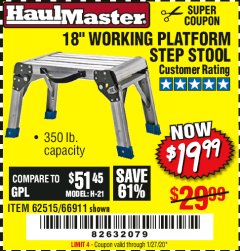 Harbor Freight Coupon 18" WORKING PLATFORM STEP STOOL Lot No. 62515/66911 Expired: 1/27/20 - $19.99