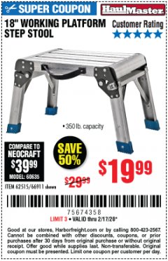 Harbor Freight Coupon 18" WORKING PLATFORM STEP STOOL Lot No. 62515/66911 Expired: 2/17/20 - $19.99