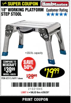 Harbor Freight Coupon 18" WORKING PLATFORM STEP STOOL Lot No. 62515/66911 Expired: 6/30/20 - $19.99