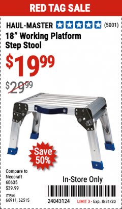 Harbor Freight Coupon 18" WORKING PLATFORM STEP STOOL Lot No. 62515/66911 Expired: 8/31/20 - $19.99
