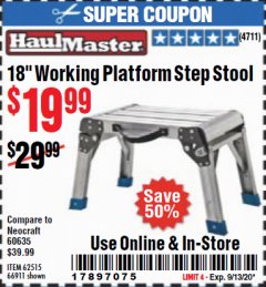 Harbor Freight Coupon 18" WORKING PLATFORM STEP STOOL Lot No. 62515/66911 Expired: 9/13/20 - $19.99