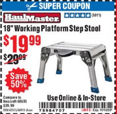 Harbor Freight Coupon 18" WORKING PLATFORM STEP STOOL Lot No. 62515/66911 Expired: 11/13/20 - $19.99