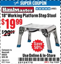 Harbor Freight Coupon 18" WORKING PLATFORM STEP STOOL Lot No. 62515/66911 Expired: 11/6/20 - $19.99