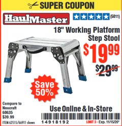 Harbor Freight Coupon 18" WORKING PLATFORM STEP STOOL Lot No. 62515/66911 Expired: 11/15/20 - $19.99
