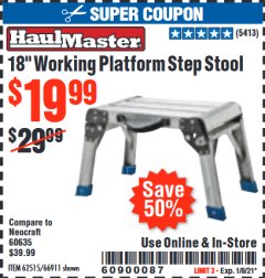Harbor Freight Coupon 18" WORKING PLATFORM STEP STOOL Lot No. 62515/66911 Expired: 1/8/21 - $19.99