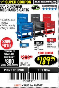 Harbor Freight Coupon 30", 5 DRAWER MECHANIC'S CARTS (RED, BLUE & BLACK) Lot No. 64031/64033/64032/64030/61427/64059/64060/64061/63308/95272 Expired: 11/30/18 - $189.99
