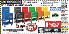 Harbor Freight Coupon 30", 5 DRAWER MECHANIC'S CARTS (ALL COLORS) Lot No. 64031/64030/64032/64033/64061/64060/64059/64721/64722/64720/56429 Expired: 5/18/19 - $189.99