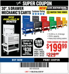 Harbor Freight Coupon 30", 5 DRAWER MECHANIC'S CARTS (ALL COLORS) Lot No. 64031/64030/64032/64033/64061/64060/64059/64721/64722/64720/56429 Expired: 9/29/19 - $199.99