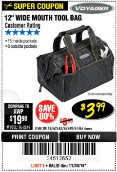 Harbor Freight Coupon VOYAGER 12" WIDE MOUTH TOOL BAG Lot No. 38168/62163/62349/61467 Expired: 11/30/18 - $3.99