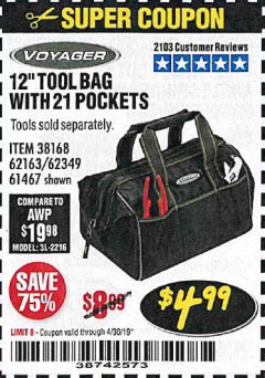 Harbor Freight Coupon VOYAGER 12" WIDE MOUTH TOOL BAG Lot No. 38168/62163/62349/61467 Expired: 4/30/19 - $4.99