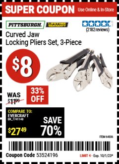 Harbor Freight Coupon 3 PIECE CURVED JAW LOCKING PLIERS SET Lot No. 91684/69341/61249/64035/64036 Expired: 10/1/23 - $8