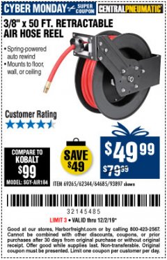 Harbor Freight Coupon 3/8" X 50 FT. RETRACTABLE AIR HOSE REEL Lot No. 46320/69265/62344/64685/93897 Expired: 12/1/19 - $49.99