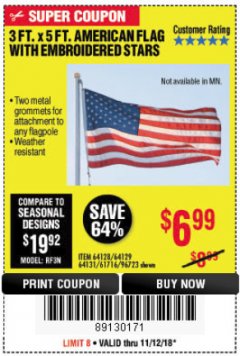 Harbor Freight Coupon 3 FT. X 5 FT. AMERICAN FLAG WITH EMBROIDERED STARS Lot No. 61716/96723/64128/64129/64131 Expired: 11/18/18 - $6.99