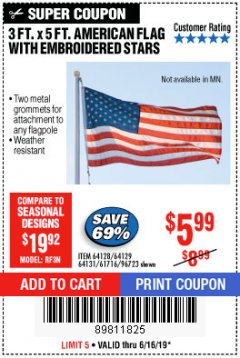 Harbor Freight Coupon 3 FT. X 5 FT. AMERICAN FLAG WITH EMBROIDERED STARS Lot No. 61716/96723/64128/64129/64131 Expired: 6/16/19 - $5.99