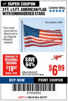 Harbor Freight Coupon 3 FT. X 5 FT. AMERICAN FLAG WITH EMBROIDERED STARS Lot No. 61716/96723/64128/64129/64131 Expired: 9/2/19 - $6.99