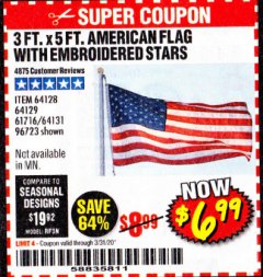 Harbor Freight Coupon 3 FT. X 5 FT. AMERICAN FLAG WITH EMBROIDERED STARS Lot No. 61716/96723/64128/64129/64131 Expired: 3/31/20 - $6.99
