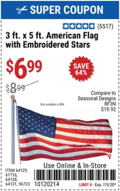 Harbor Freight Coupon 3 FT. X 5 FT. AMERICAN FLAG WITH EMBROIDERED STARS Lot No. 61716/96723/64128/64129/64131 Expired: 7/5/20 - $6.99