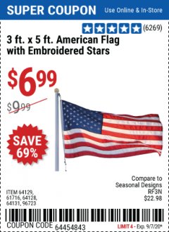Harbor Freight Coupon 3 FT. X 5 FT. AMERICAN FLAG WITH EMBROIDERED STARS Lot No. 61716/96723/64128/64129/64131 Expired: 9/7/20 - $6.99