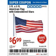 Harbor Freight Coupon 3 FT. X 5 FT. AMERICAN FLAG WITH EMBROIDERED STARS Lot No. 61716/96723/64128/64129/64131 Expired: 1/28/21 - $6.99