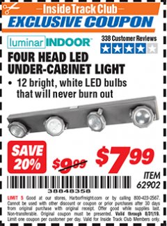 Harbor Freight ITC Coupon FOUR-HEAD, LED UNDER-CABINET LIGHT Lot No. 62902 Expired: 8/31/19 - $7.99