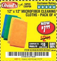 Harbor Freight Coupon MICROFIBER CLEANING CLOTHS PACK OF 4 Lot No. 57162/63358/63925/63363 Expired: 2/5/19 - $1.99