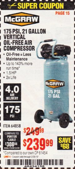 Harbor Freight Coupon MCGRAW 175 PSI, 21 GALLON VERTICAL OIL-FREE AIR COMPRESSOR Lot No. 64858 Expired: 2/28/19 - $239.99